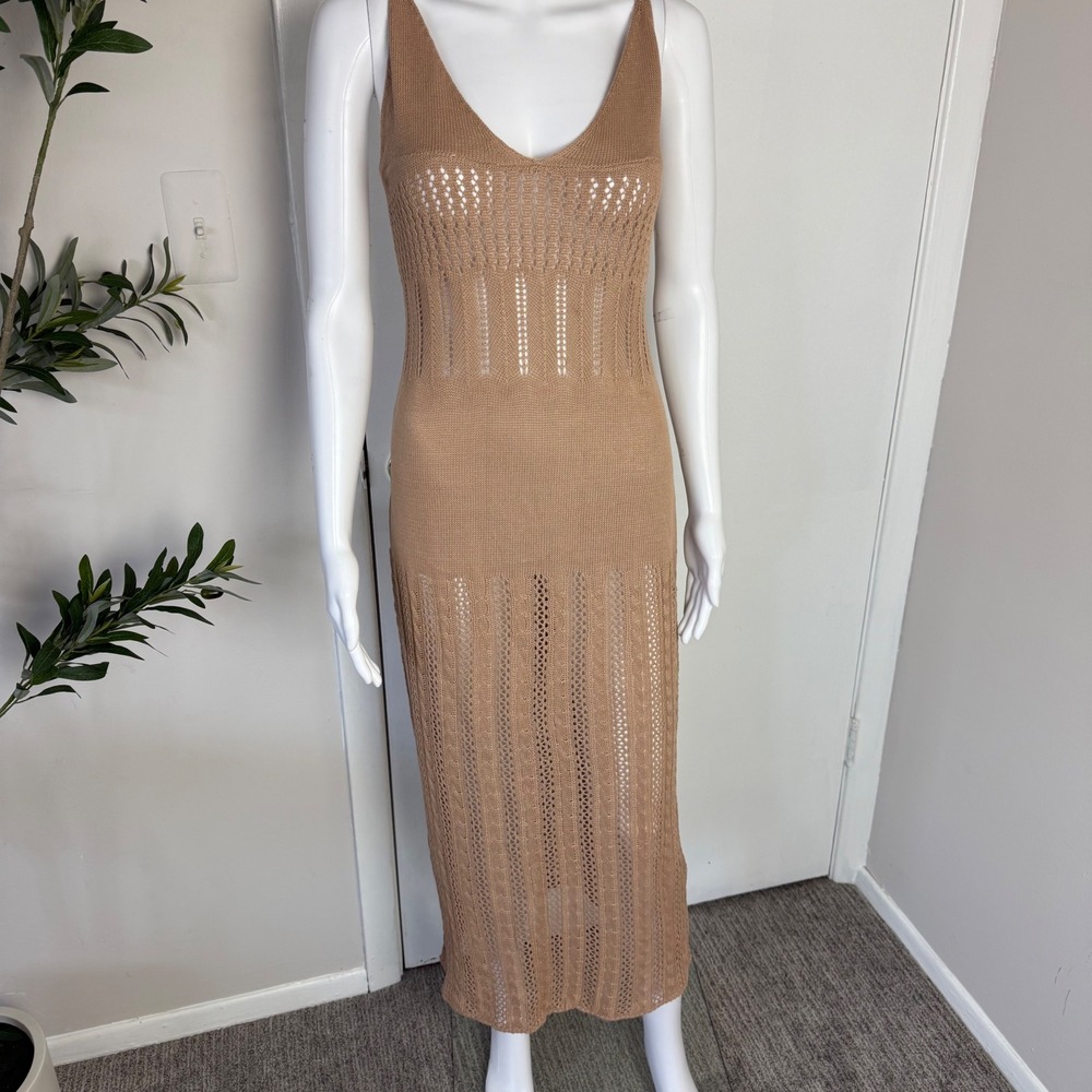 Micas Knit Crochet Dress Sleeveless Tan Midi Dress Cover Up Beach Summer Size S